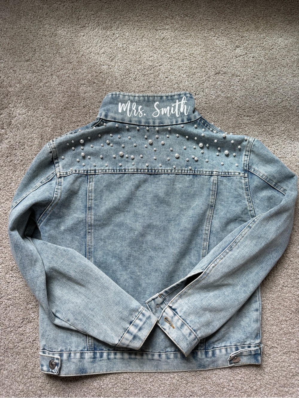 Mrs. Smith Embellished Light Wash Denim Jacket with Pearl Detail